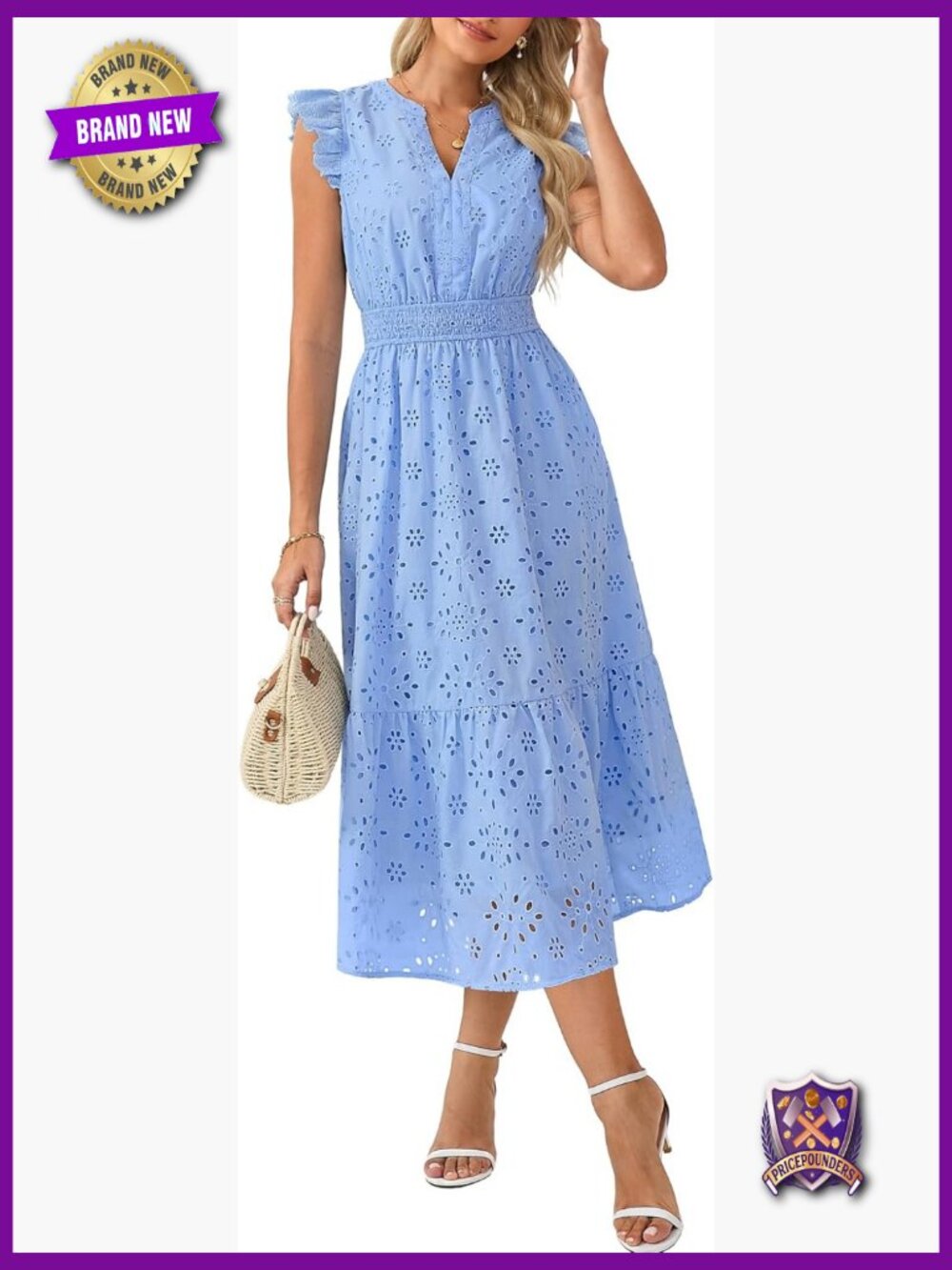 V Neck Eyelet Maxi Dress with Pockets Flowy Boho Sundress